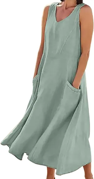 Women's Summer Cotton Linen Long Dress Sleeveless Elegant Flowy Dresses Plus Size Loose Comfy Dresses with Pockets