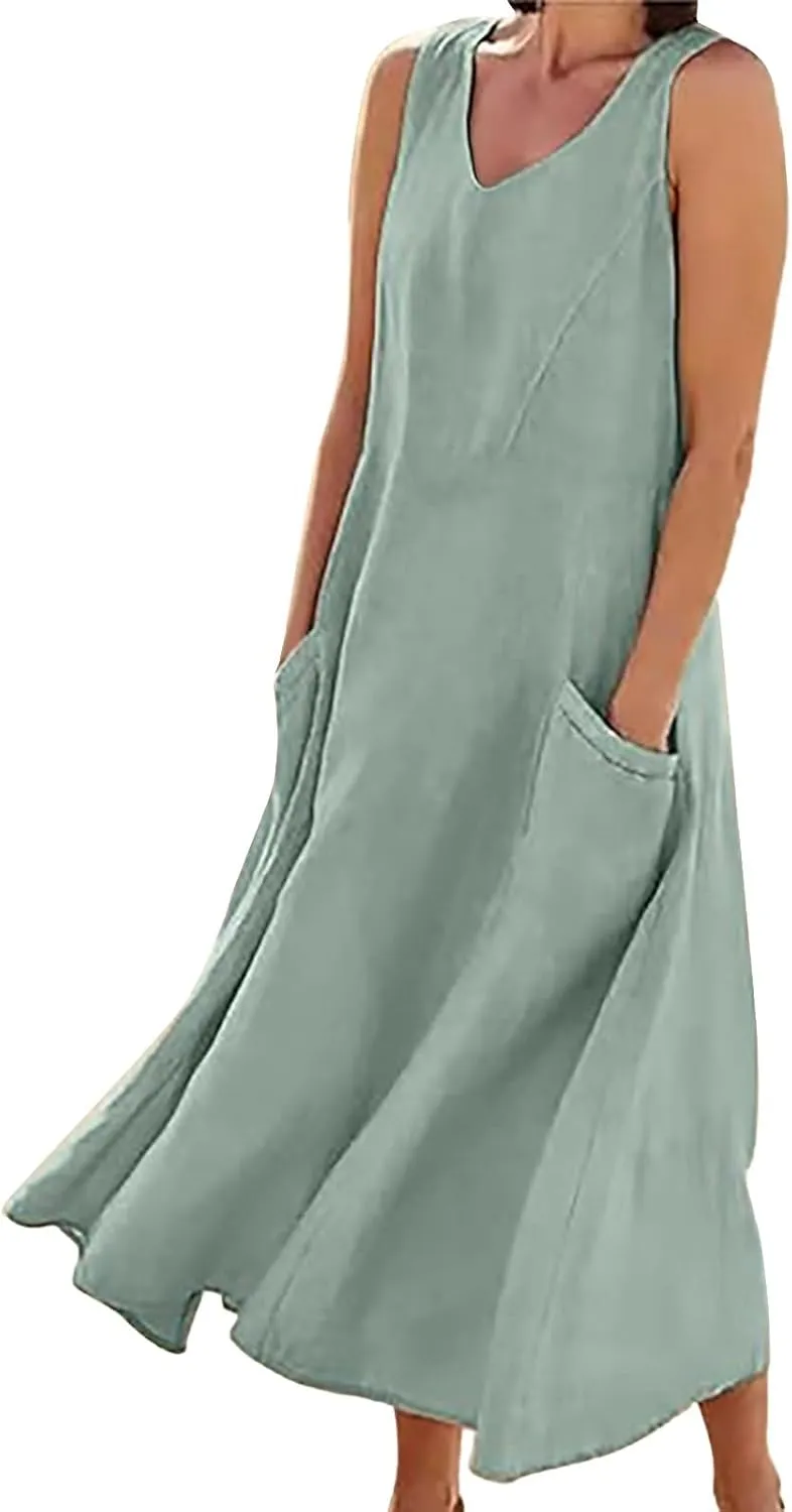 Women's Summer Cotton Linen Long Dress Sleeveless Elegant Flowy Dresses Plus Size Loose Comfy Dresses with Pockets