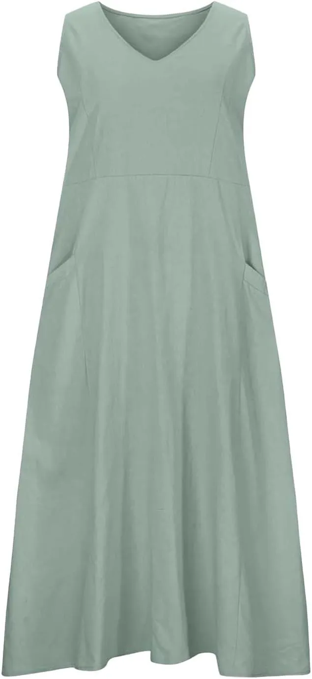 Women's Summer Cotton Linen Long Dress Sleeveless Elegant Flowy Dresses Plus Size Loose Comfy Dresses with Pockets