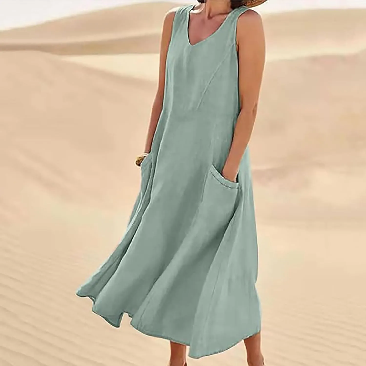 Women's Summer Cotton Linen Long Dress Sleeveless Elegant Flowy Dresses Plus Size Loose Comfy Dresses with Pockets