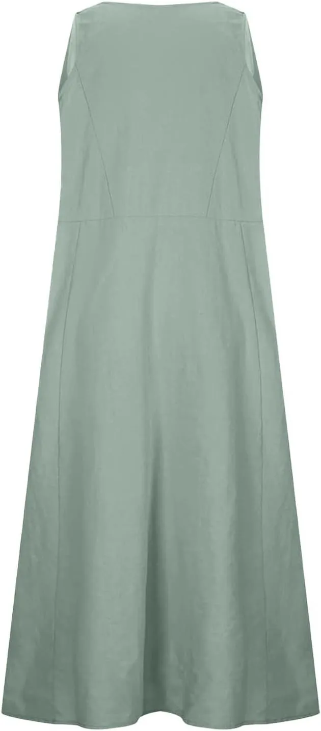 Women's Summer Cotton Linen Long Dress Sleeveless Elegant Flowy Dresses Plus Size Loose Comfy Dresses with Pockets