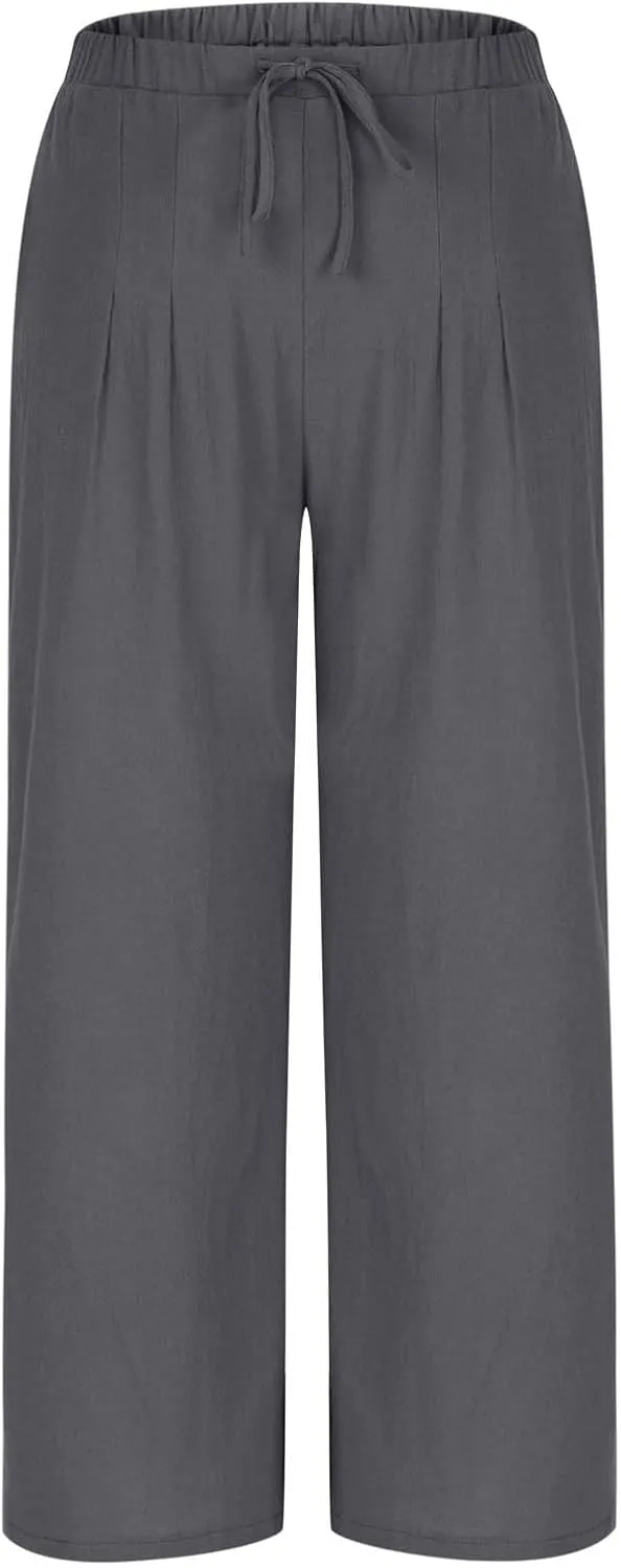 Women's Summer Cotton Linen Pants Flowy Wide Leg Beach Palazzo Pant Casual Lightweight Boho Trousers with Pockets