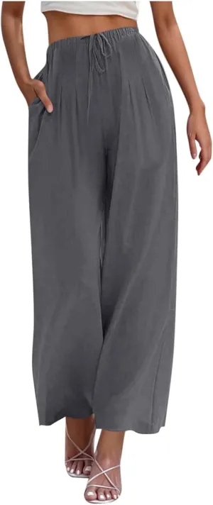 Women's Summer Cotton Linen Pants Flowy Wide Leg Beach Palazzo Pant Casual Lightweight Boho Trousers with Pockets