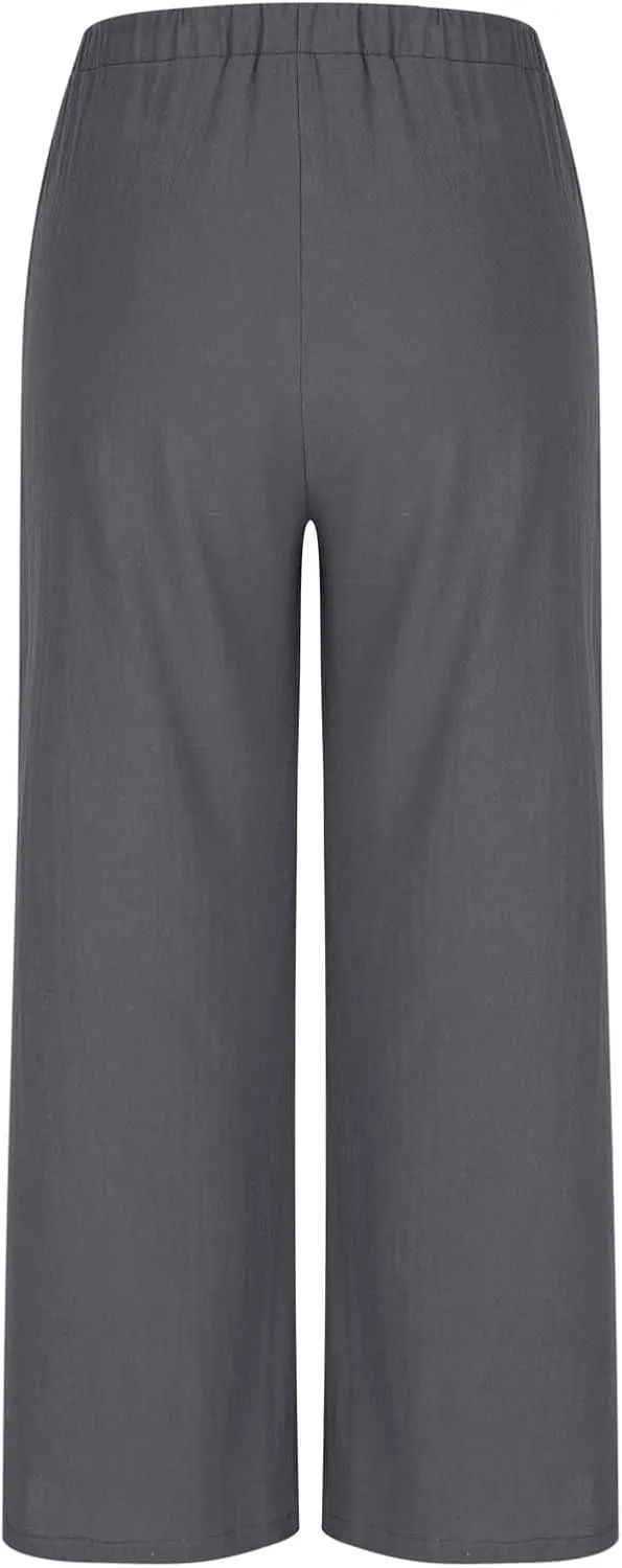 Women's Summer Cotton Linen Pants Flowy Wide Leg Beach Palazzo Pant Casual Lightweight Boho Trousers with Pockets