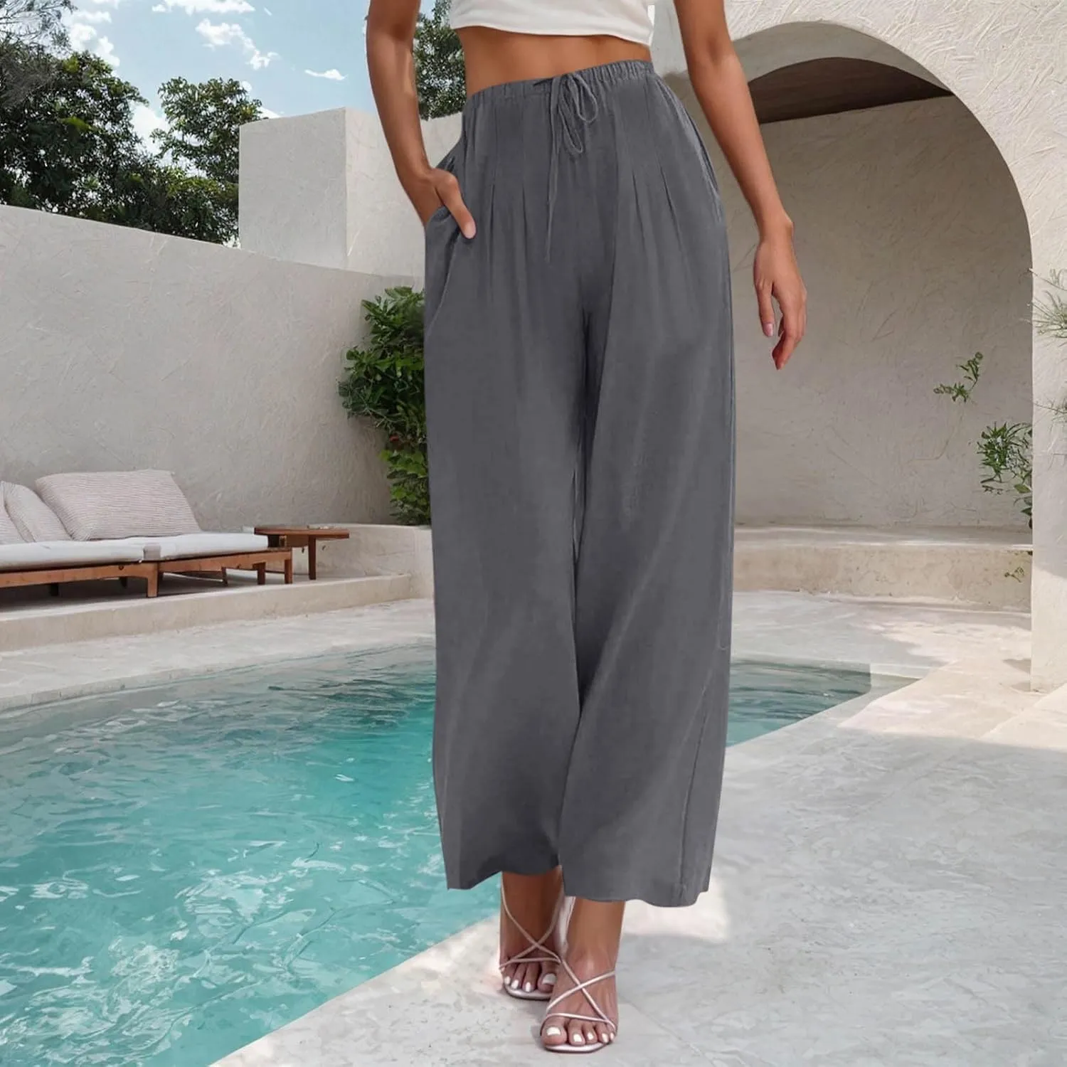 Women's Summer Cotton Linen Pants Flowy Wide Leg Beach Palazzo Pant Casual Lightweight Boho Trousers with Pockets