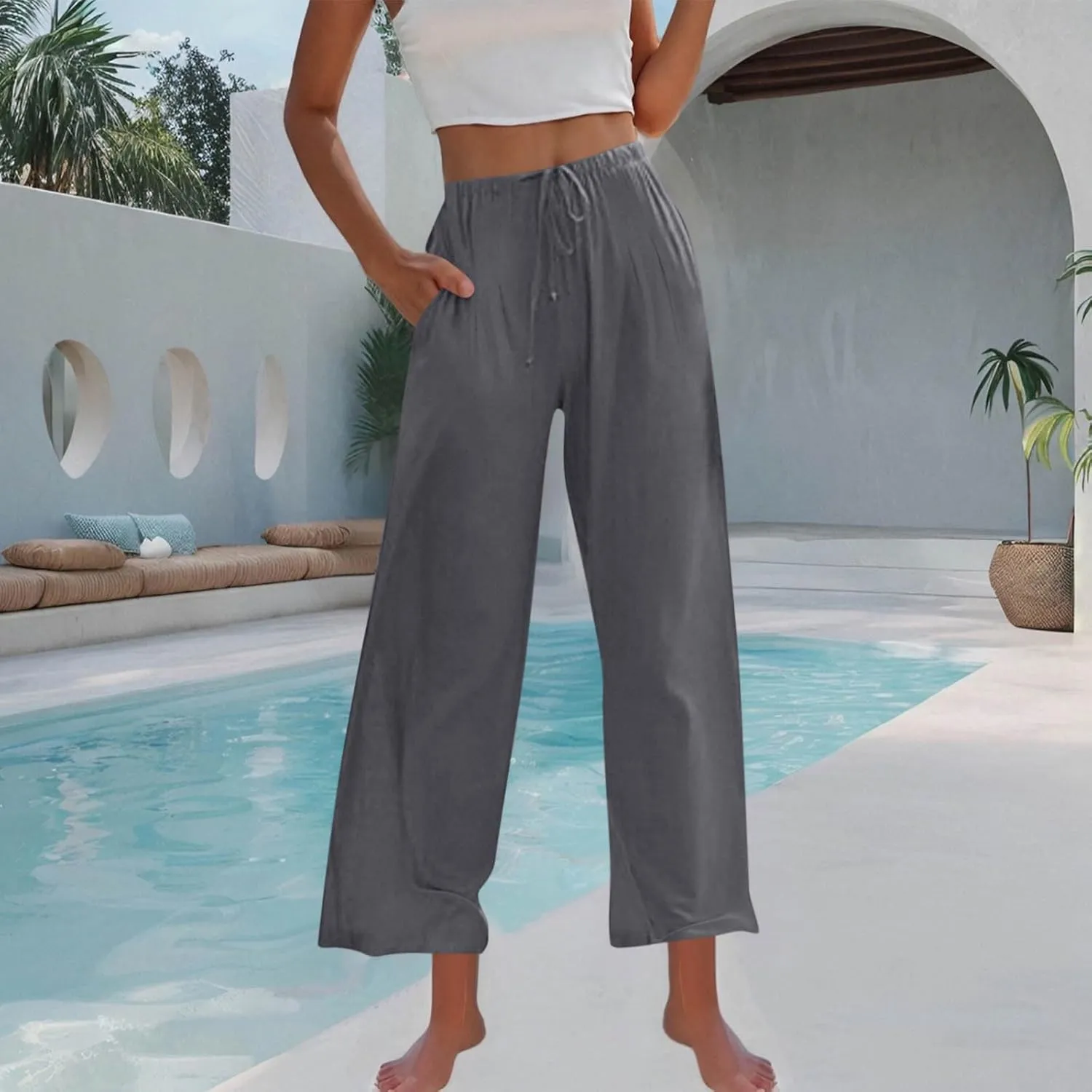 Women's Summer Cotton Linen Pants Flowy Wide Leg Beach Palazzo Pant Casual Lightweight Boho Trousers with Pockets