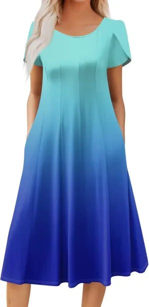 Women's Summer Cotton Long Dress Short Sleeve Elegant Flowy Solid Color Plus Size Casual Sundresses with Pockets