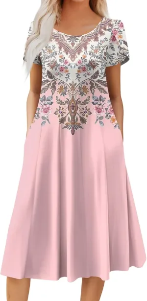 Women's Summer Cotton Long Dress Short Sleeve Elegant Flowy Solid Color Plus Size Casual Sundresses with Pockets