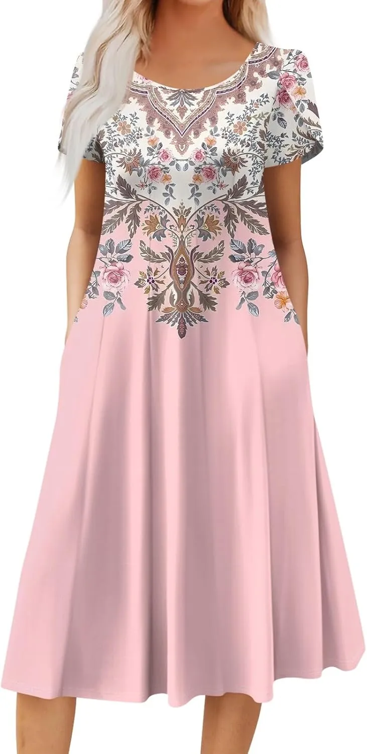 Women's Summer Cotton Long Dress Short Sleeve Elegant Flowy Solid Color Plus Size Casual Sundresses with Pockets
