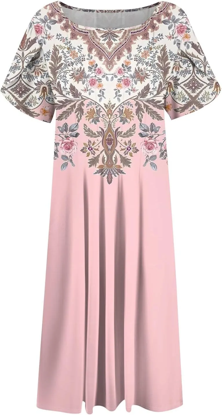 Women's Summer Cotton Long Dress Short Sleeve Elegant Flowy Solid Color Plus Size Casual Sundresses with Pockets