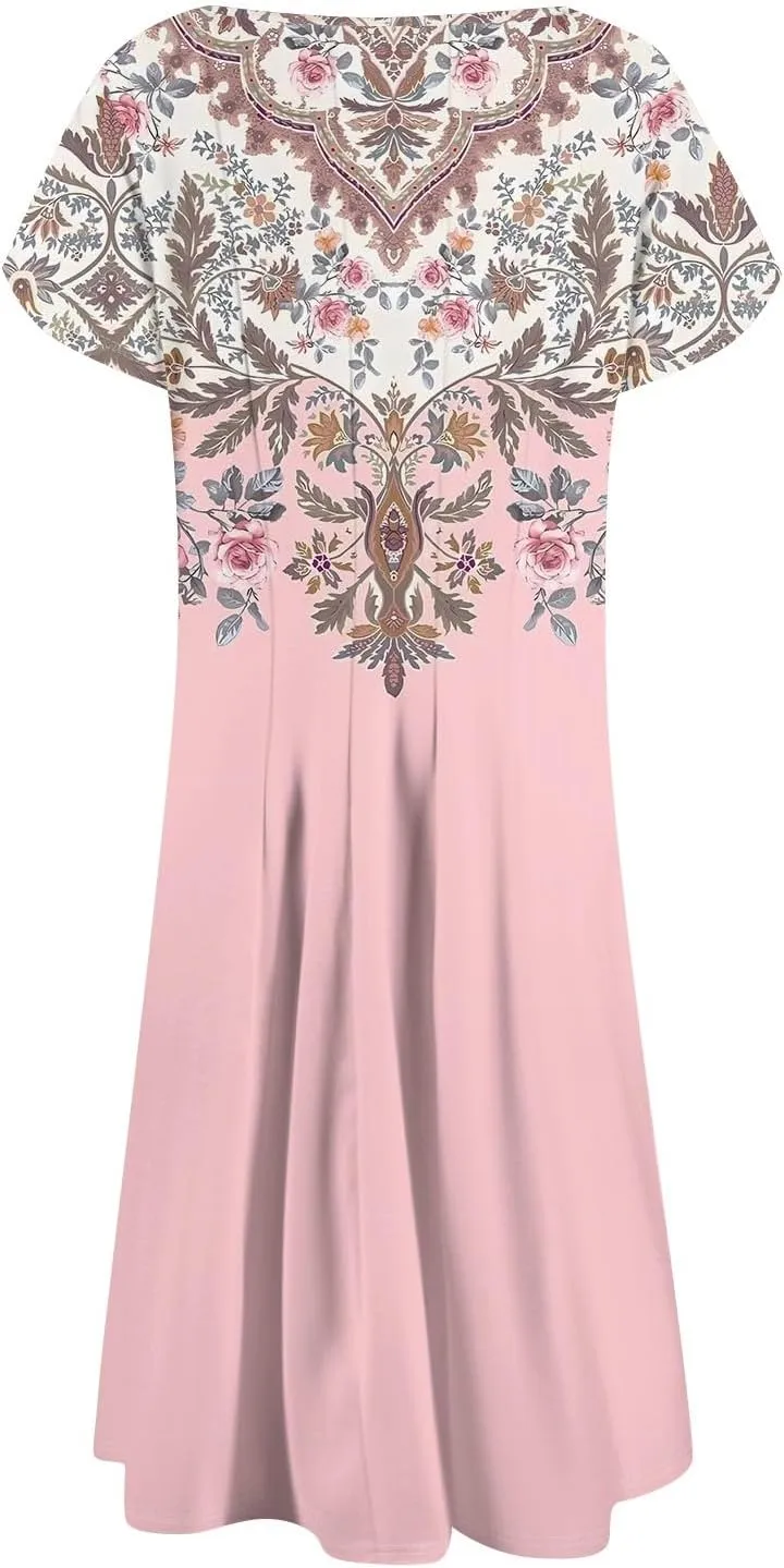 Women's Summer Cotton Long Dress Short Sleeve Elegant Flowy Solid Color Plus Size Casual Sundresses with Pockets