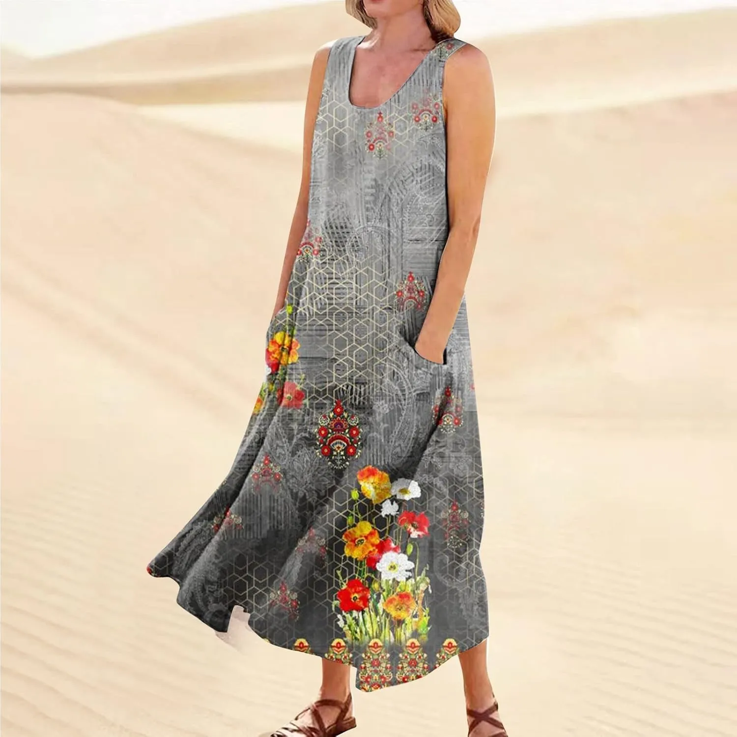 Womens Summer Dresses Beach Long Dress Sleeveless Elegant Flowy Dresses Plus Size Loose Dress with Pockets