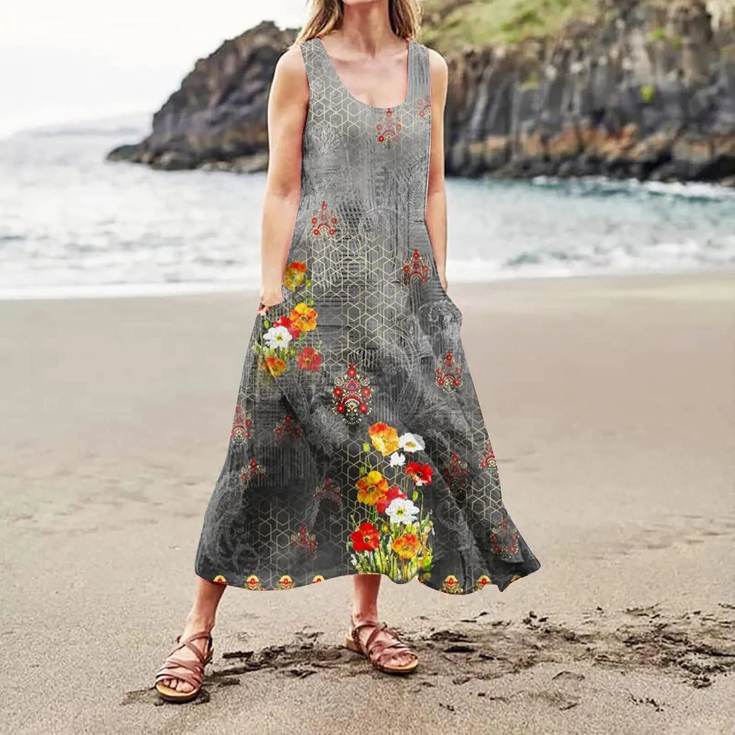 Womens Summer Dresses Beach Long Dress Sleeveless Elegant Flowy Dresses Plus Size Loose Dress with Pockets