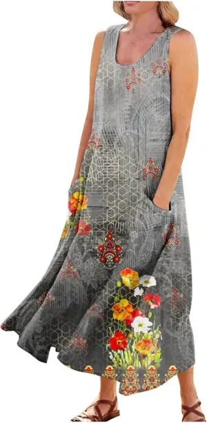 Womens Summer Dresses Beach Long Dress Sleeveless Elegant Flowy Dresses Plus Size Loose Dress with Pockets