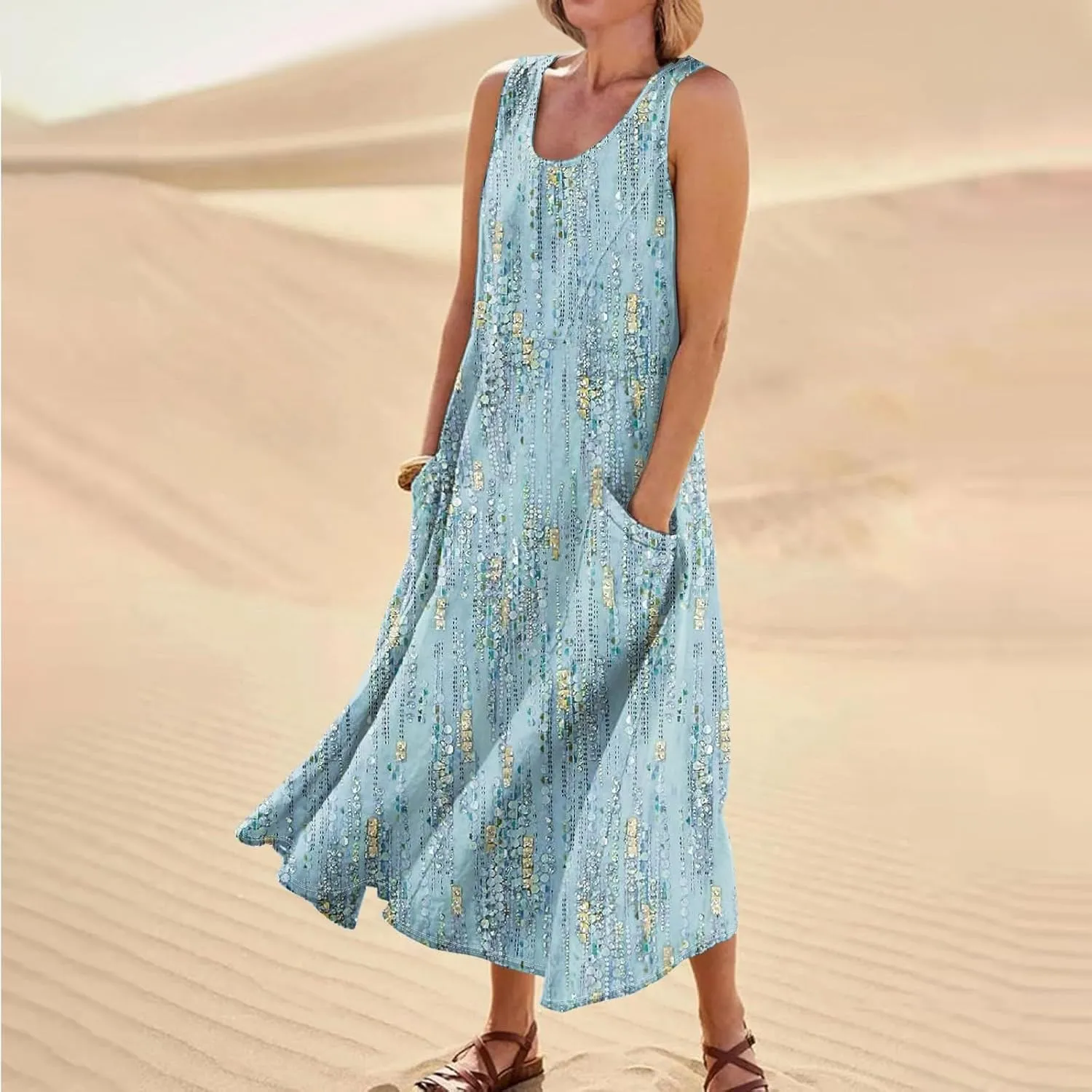 Womens Summer Dresses Beach Long Dress Sleeveless Elegant Flowy Dresses Plus Size Loose Dress with Pockets