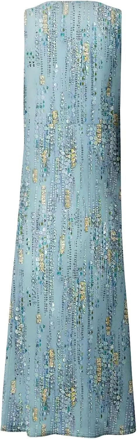 Womens Summer Dresses Beach Long Dress Sleeveless Elegant Flowy Dresses Plus Size Loose Dress with Pockets