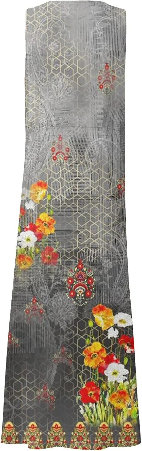 Womens Summer Dresses Beach Long Dress Sleeveless Elegant Flowy Dresses Plus Size Loose Dress with Pockets