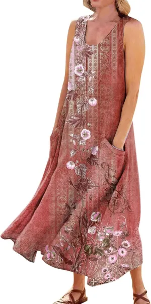 Womens Summer Dresses Beach Long Dress Sleeveless Elegant Flowy Dresses Plus Size Loose Dress with Pockets