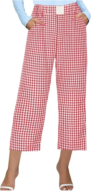 Women's Summer Elastic High Waisted Plaid Straight Leg Cropped Pants Casual Loose Gingham Trousers with Pockets