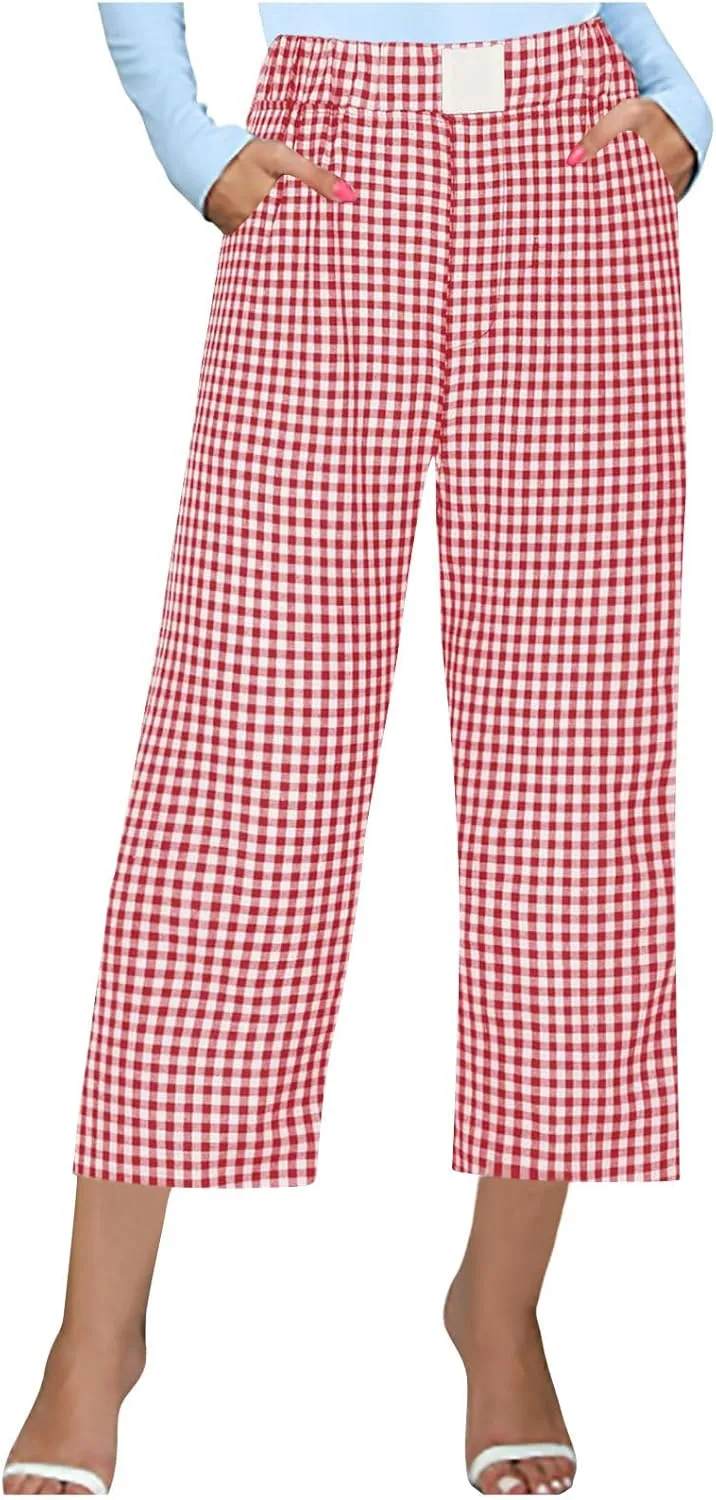 Women's Summer Elastic High Waisted Plaid Straight Leg Cropped Pants Casual Loose Gingham Trousers with Pockets