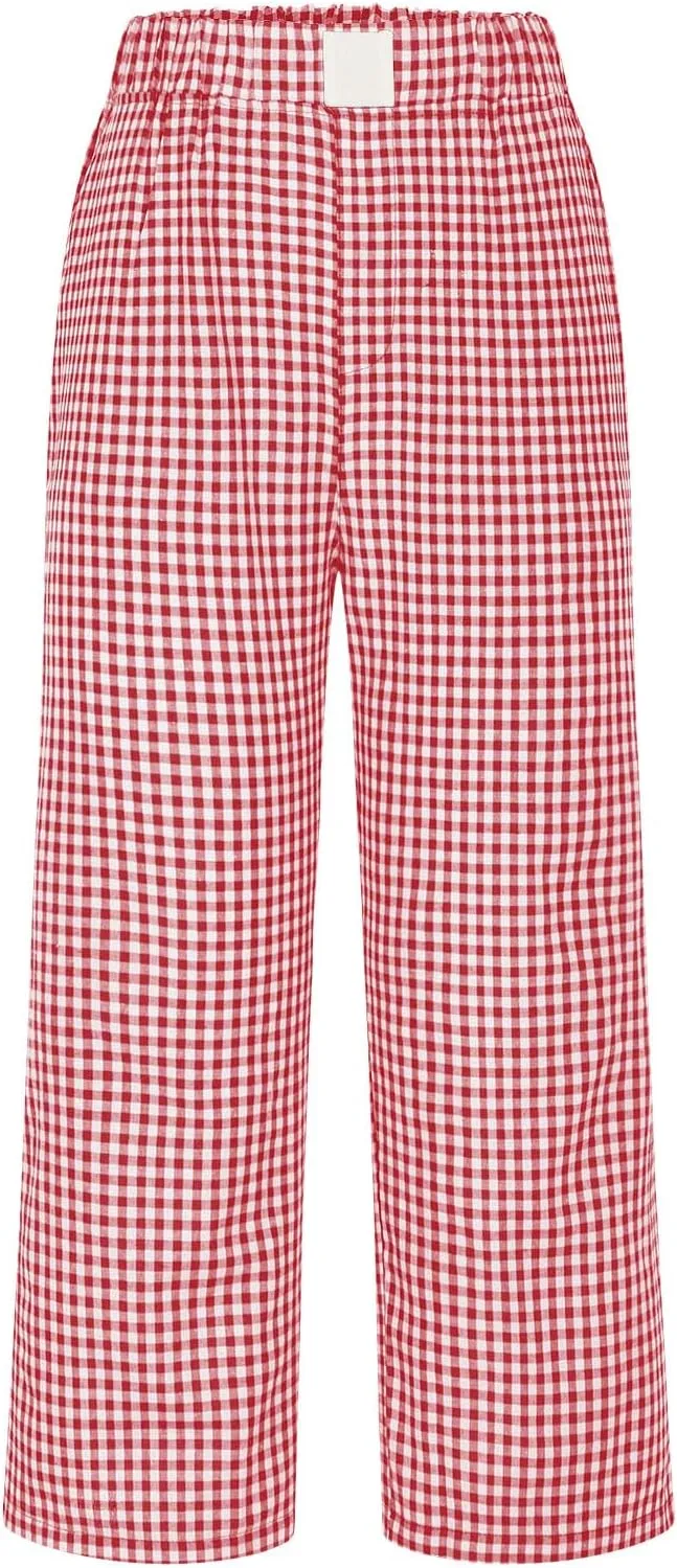 Women's Summer Elastic High Waisted Plaid Straight Leg Cropped Pants Casual Loose Gingham Trousers with Pockets
