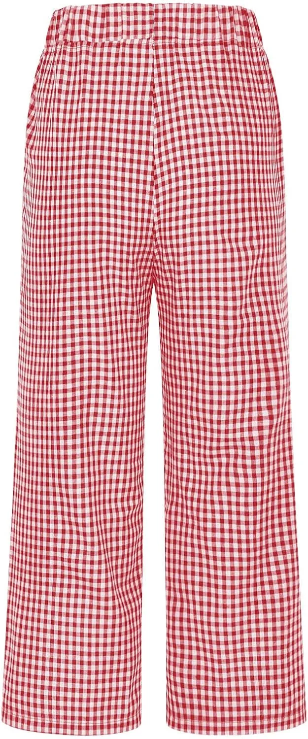 Women's Summer Elastic High Waisted Plaid Straight Leg Cropped Pants Casual Loose Gingham Trousers with Pockets