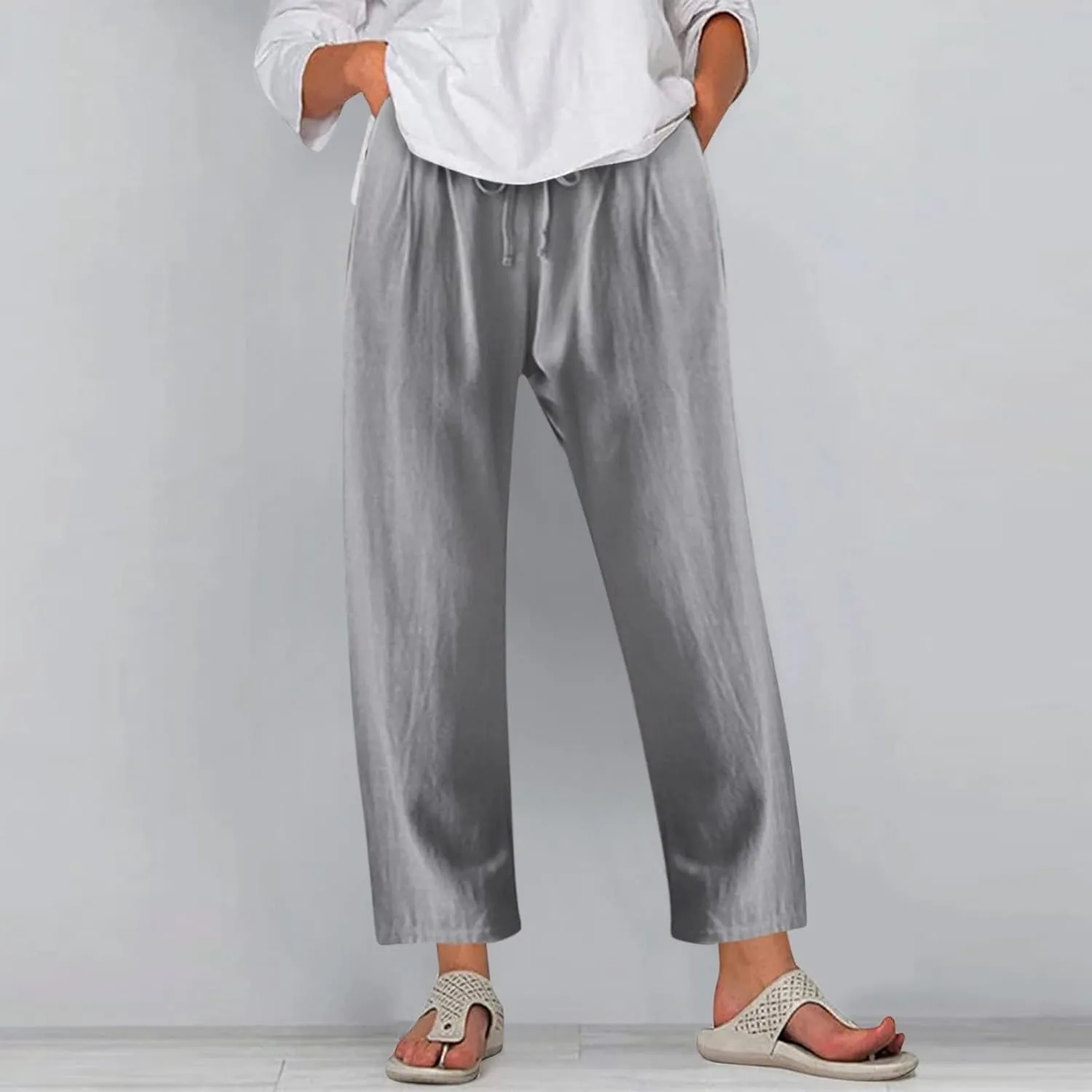 Womens Summer Pants Casual Plus Size Dressy Waist Baggy Trousers with Pockets Solid Beach Cotton Pants for Women