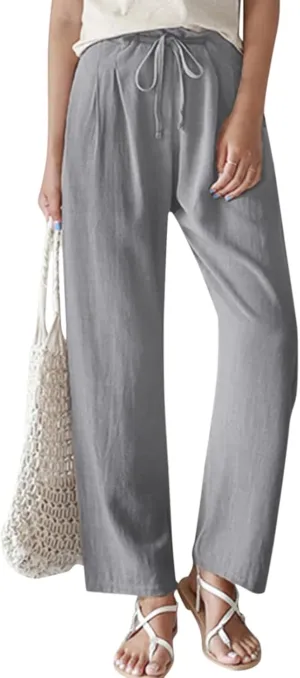 Womens Summer Pants Casual Plus Size Dressy Waist Baggy Trousers with Pockets Solid Beach Cotton Pants for Women
