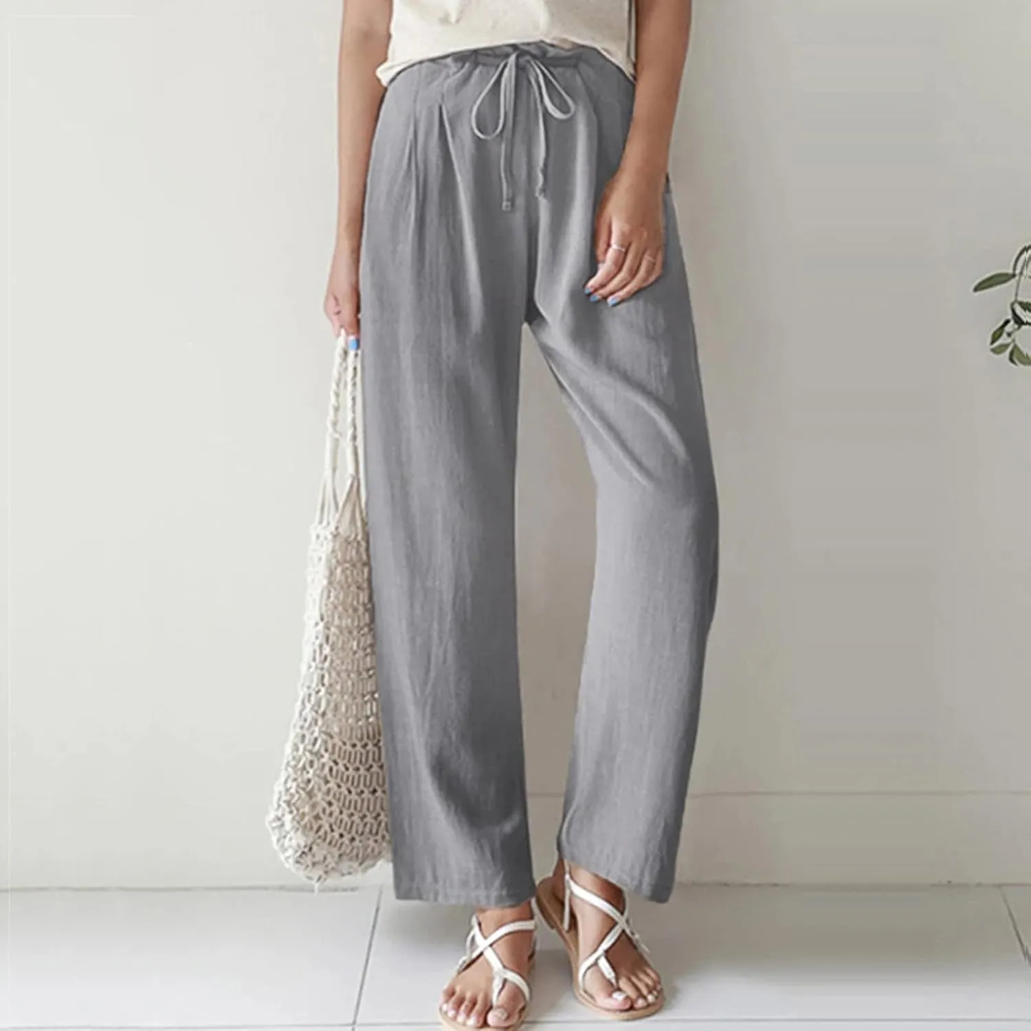 Womens Summer Pants Casual Plus Size Dressy Waist Baggy Trousers with Pockets Solid Beach Cotton Pants for Women