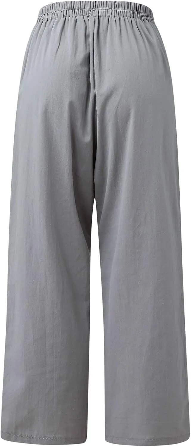 Womens Summer Pants Casual Plus Size Dressy Waist Baggy Trousers with Pockets Solid Beach Cotton Pants for Women