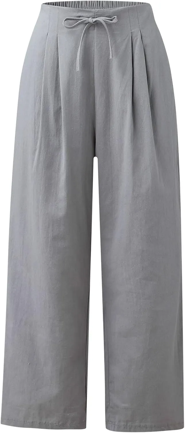 Womens Summer Pants Casual Plus Size Dressy Waist Baggy Trousers with Pockets Solid Beach Cotton Pants for Women