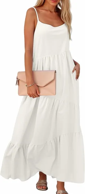 Women's Summer Sleeveless Maxi Dress Casual Loose Beach Long Sundress with Pockets Elegant Flowy A-Line Design Dress