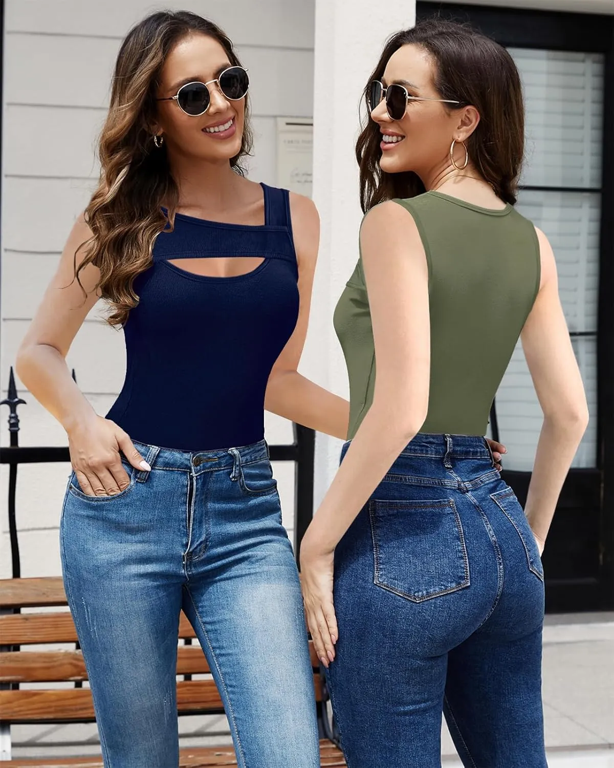 Womens Summer Tank Tops Cut Out Front Ribbed Fitted Sexy Casual Sleeveless Shirts