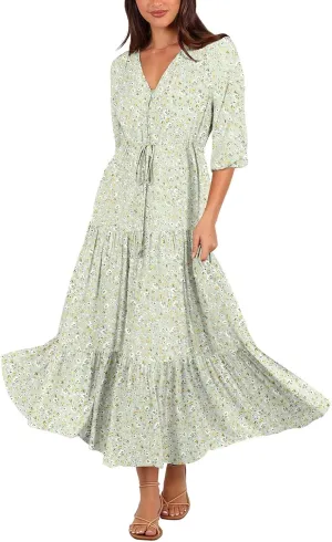 Womens Summer V Neck Maxi Long Dress 2025 Fashion Casual Flowy Boho Beach Vacation Sundress Green Floral
