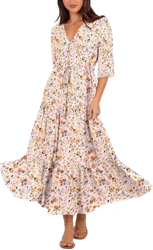 Womens Summer V Neck Maxi Long Dress 2025 Fashion Casual Flowy Boho Beach Vacation Sundress