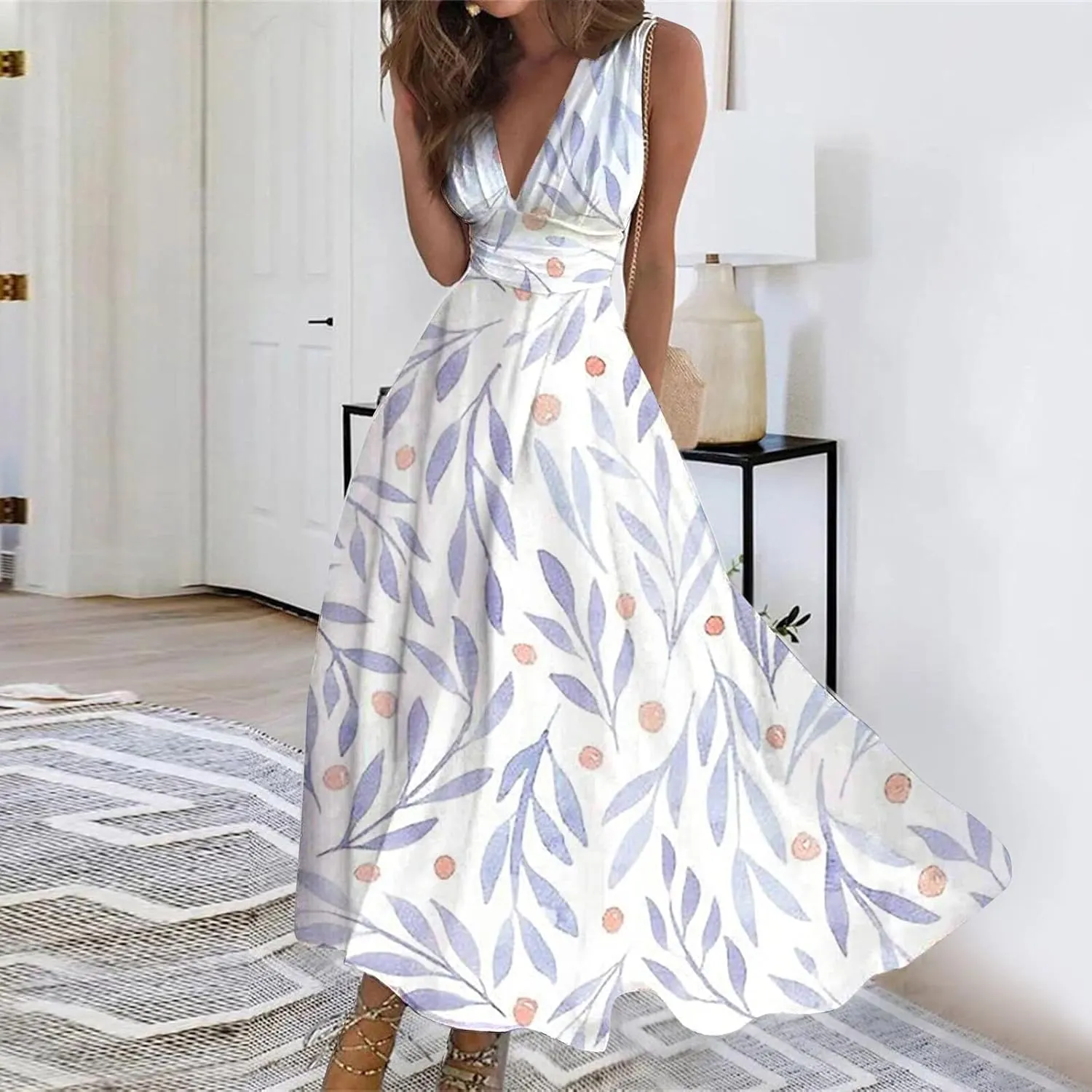 Womens Sundress Summer Floral Short Sleeve Wrap V Neck A-Line Midi Dress 2025 Elegant Flowy Beach Swing Dresses