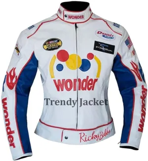 Womens Talladega Nights Costume Wife Jacket Carley Ricky Wife Racing The Bread Speed White Faux Leather Biker Jacket, Small