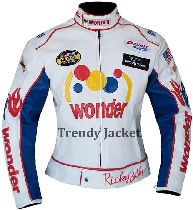Womens Talladega Nights Costume Wife Jacket Carley Ricky Wife Racing The Bread Speed White Faux Leather Biker Jacket, Small