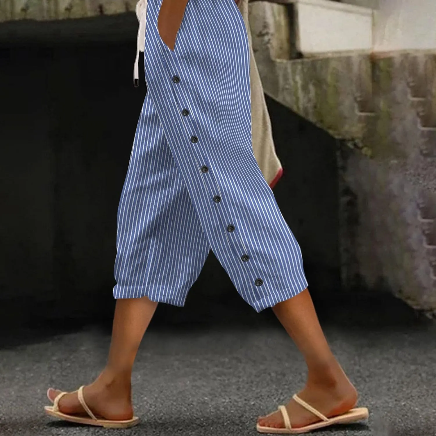 Womens Tapered Pants 2025 Summer Comfy Cotton Linen Capris Elastic Waist Pants Casual Cropped Trousers with Pockets