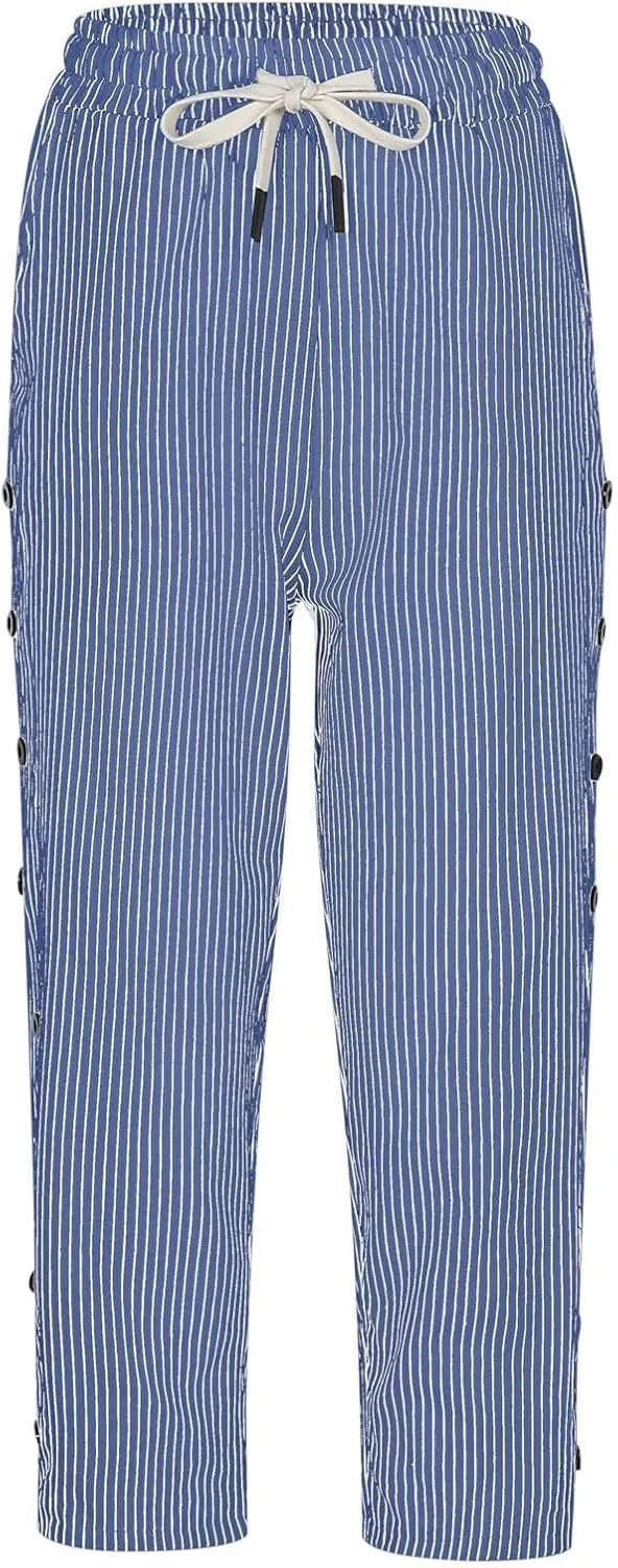 Womens Tapered Pants 2025 Summer Comfy Cotton Linen Capris Elastic Waist Pants Casual Cropped Trousers with Pockets