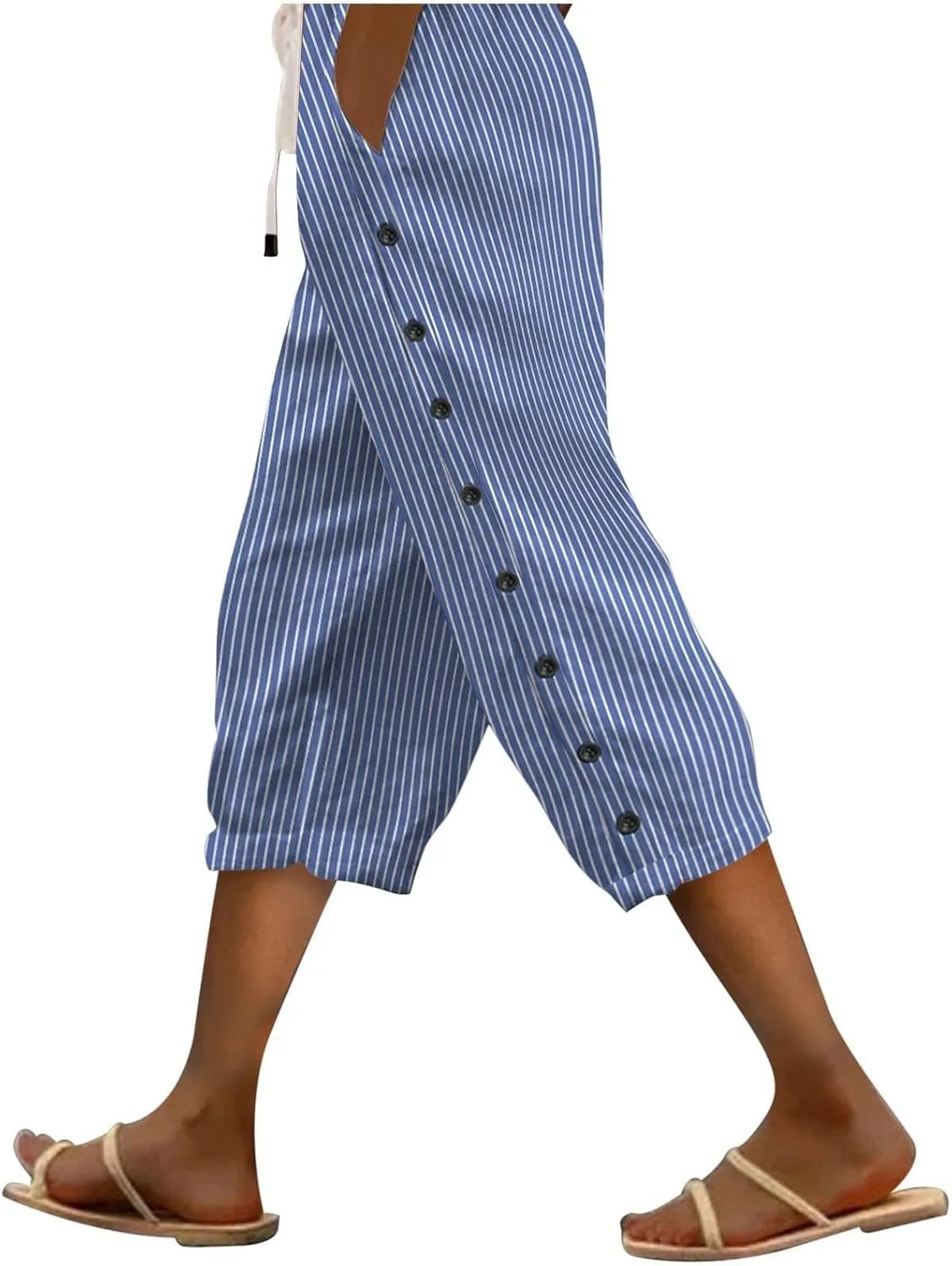 Womens Tapered Pants 2025 Summer Comfy Cotton Linen Capris Elastic Waist Pants Casual Cropped Trousers with Pockets