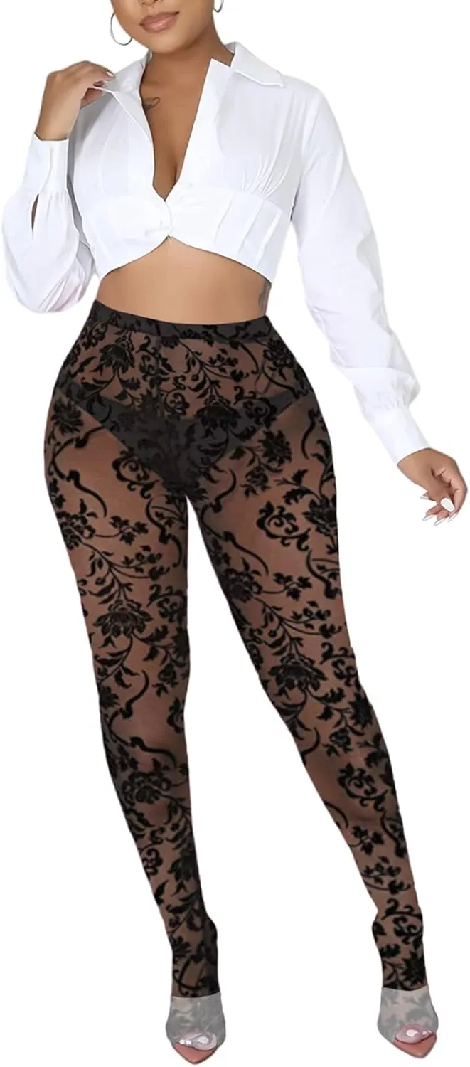 Women's Tie Dye Mesh Legging - High Waist Sheer Pantihose Long Pants Stretchy Tights Clubwear Closed Toe
