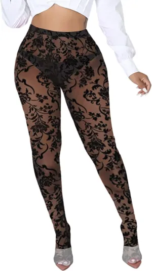 Women's Tie Dye Mesh Legging - High Waist Sheer Pantihose Long Pants Stretchy Tights Clubwear Closed Toe