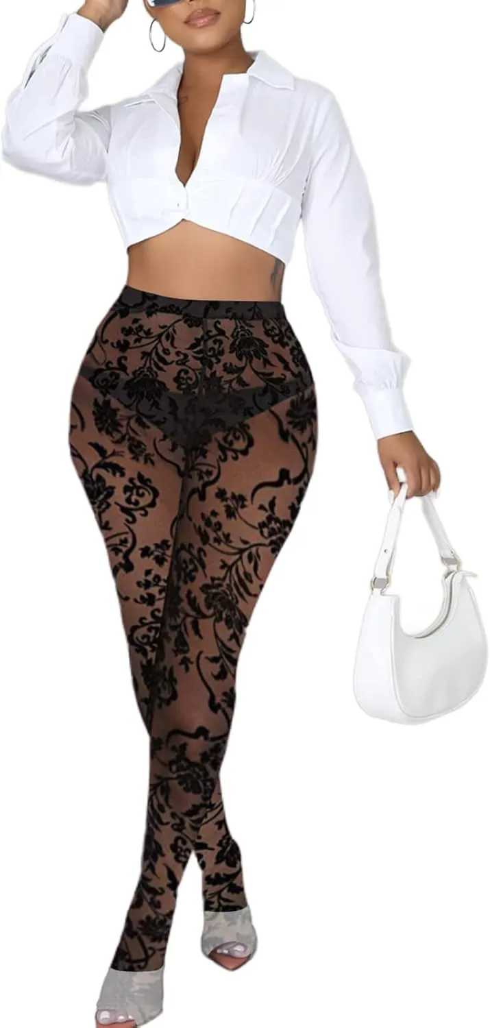 Women's Tie Dye Mesh Legging - High Waist Sheer Pantihose Long Pants Stretchy Tights Clubwear Closed Toe