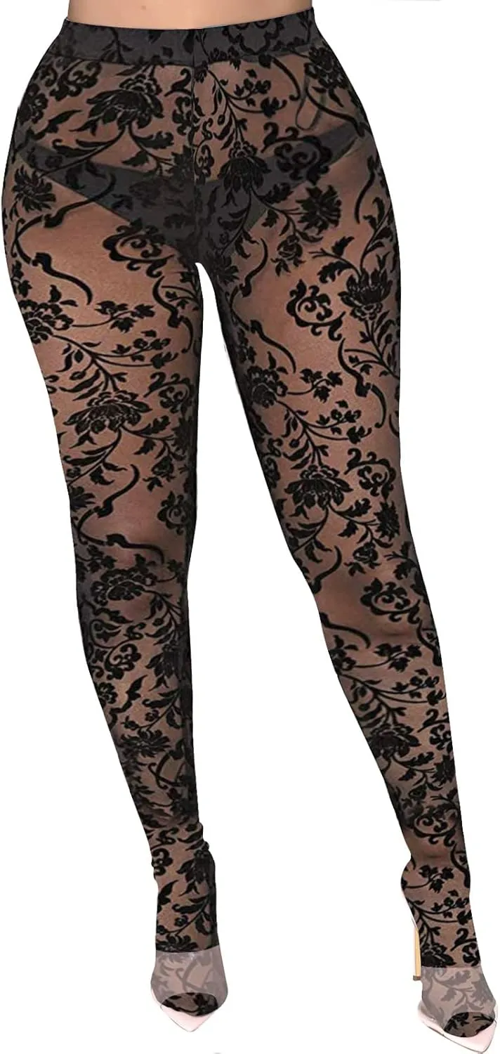 Women's Tie Dye Mesh Legging - High Waist Sheer Pantihose Long Pants Stretchy Tights Clubwear Closed Toe