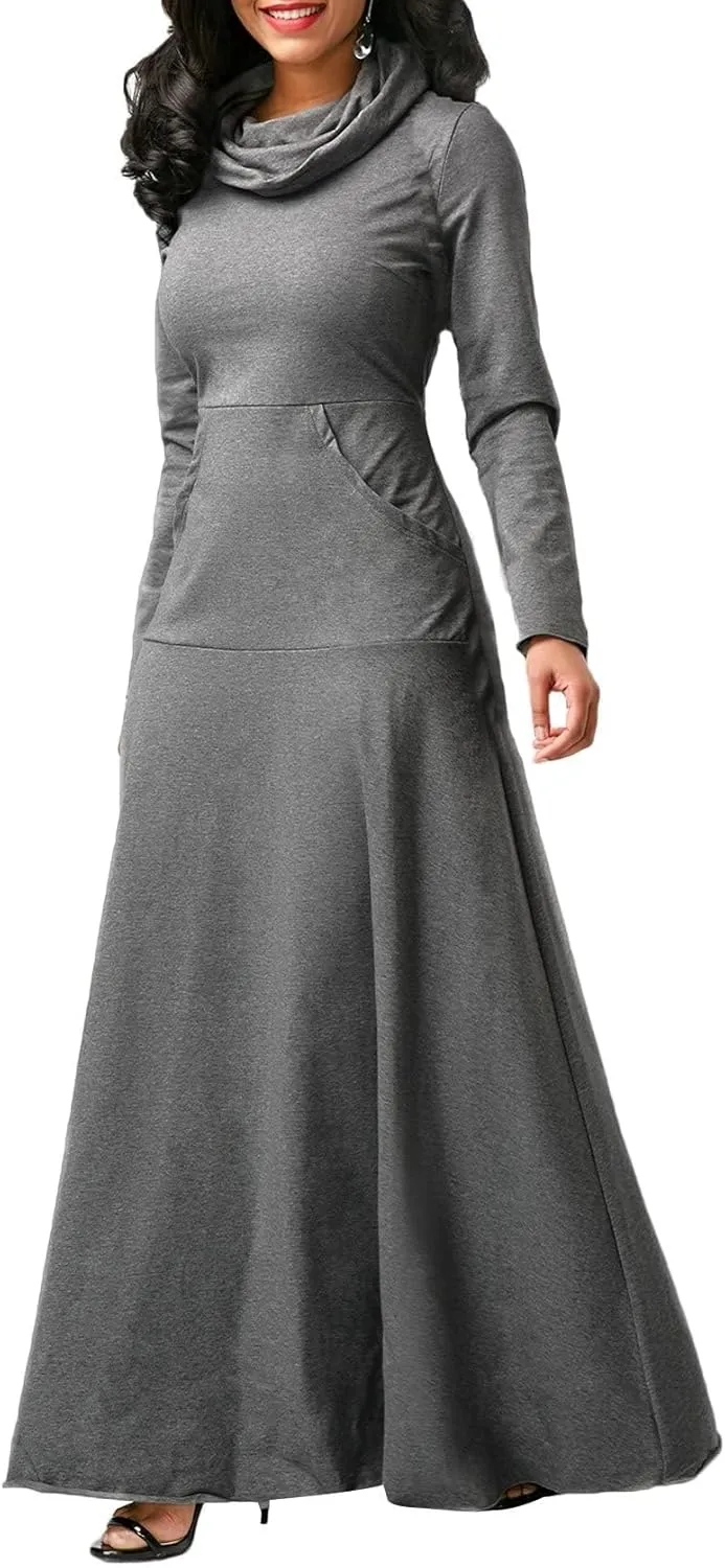 Womens Turtleneck Long Sleeve Maxi Sweatshirt Dress Fall Winter Solid Oversized Swing Dress with Pockets