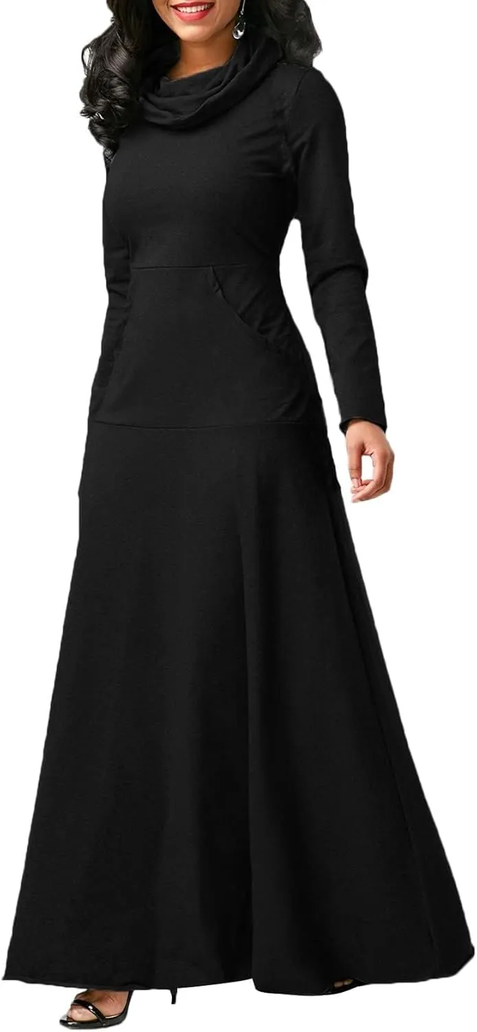 Womens Turtleneck Long Sleeve Maxi Sweatshirt Dress Fall Winter Solid Oversized Swing Dress with Pockets
