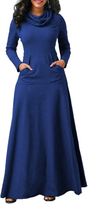 Womens Turtleneck Long Sleeve Maxi Sweatshirt Dress Fall Winter Solid Oversized Swing Dress with Pockets