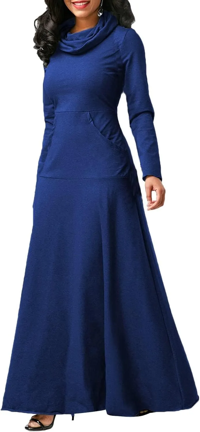Womens Turtleneck Long Sleeve Maxi Sweatshirt Dress Fall Winter Solid Oversized Swing Dress with Pockets