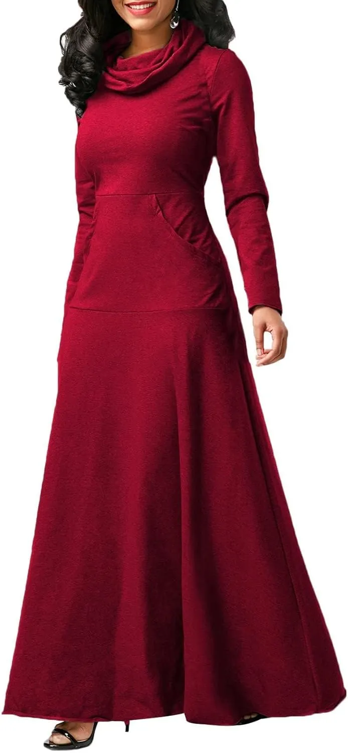 Womens Turtleneck Long Sleeve Maxi Sweatshirt Dress Fall Winter Solid Oversized Swing Dress with Pockets